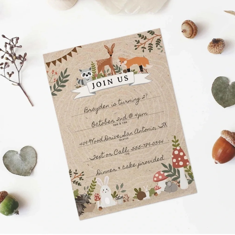 Woodland Fill-In Invitations, 25 Baby Shower Invites w/ White Envelopes, NWT